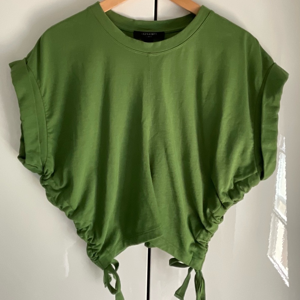 All Saints Olive Green Ruched Tie-Front Crop Top